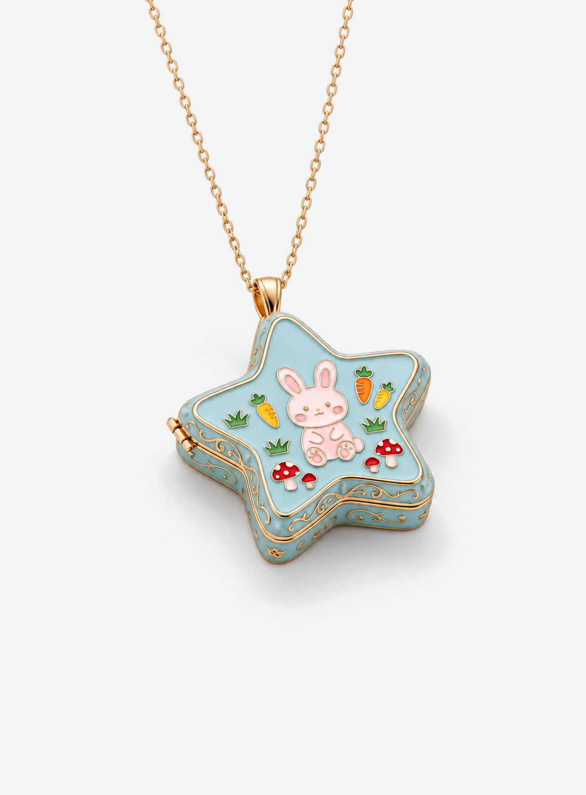 Star-shaped enamel locket necklace with colorful decorative details on a gold-tone chain (Rabbit Carrot)