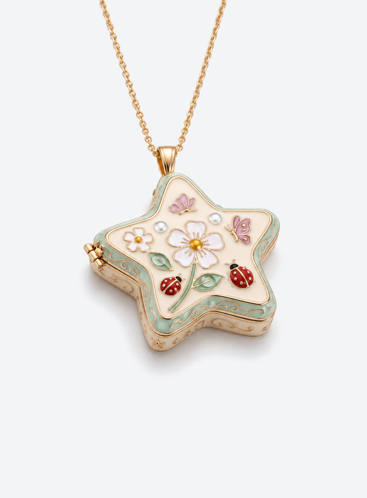 Star-shaped enamel locket necklace with colorful decorative details on a gold-tone chain (Ladybug)