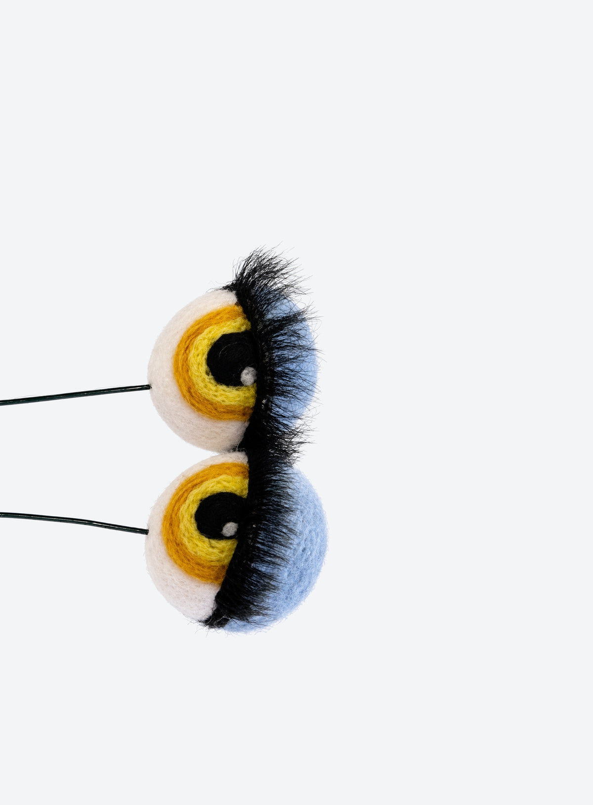 Felt eyeball plant stakes with colorful eyeshadow, eyelashes, and floral wire stems