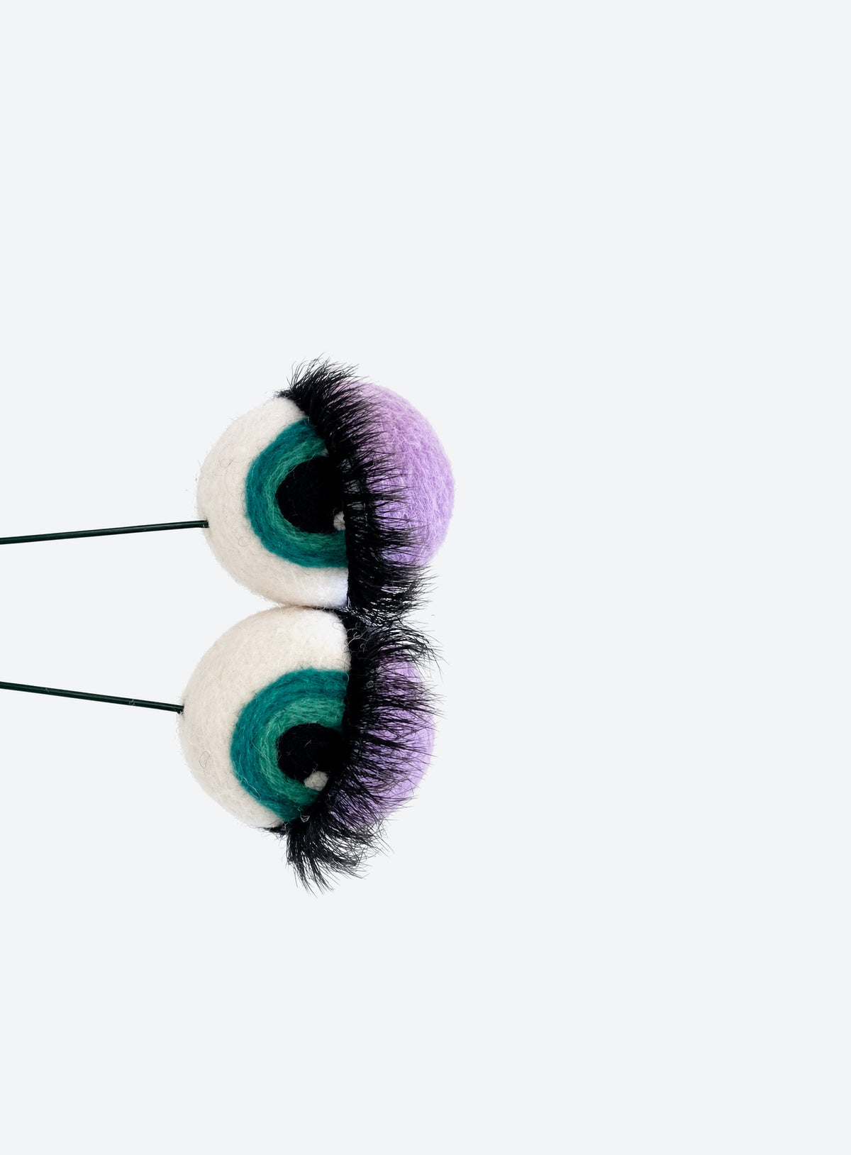 Felt eyeball plant stakes with colorful eyeshadow, eyelashes, and floral wire stems