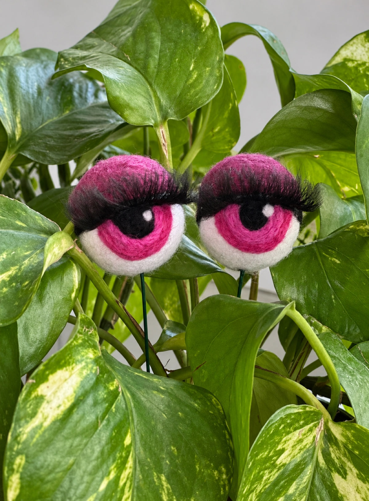 Felt eyeball plant stakes with colorful eyeshadow, eyelashes, and floral wire stems