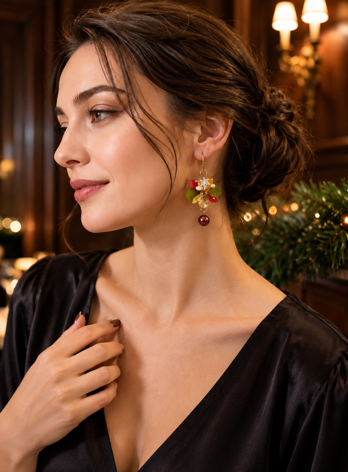 Layered red, green and gold-tone leaf earrings with curved hooks, snowflake details and red and green drops