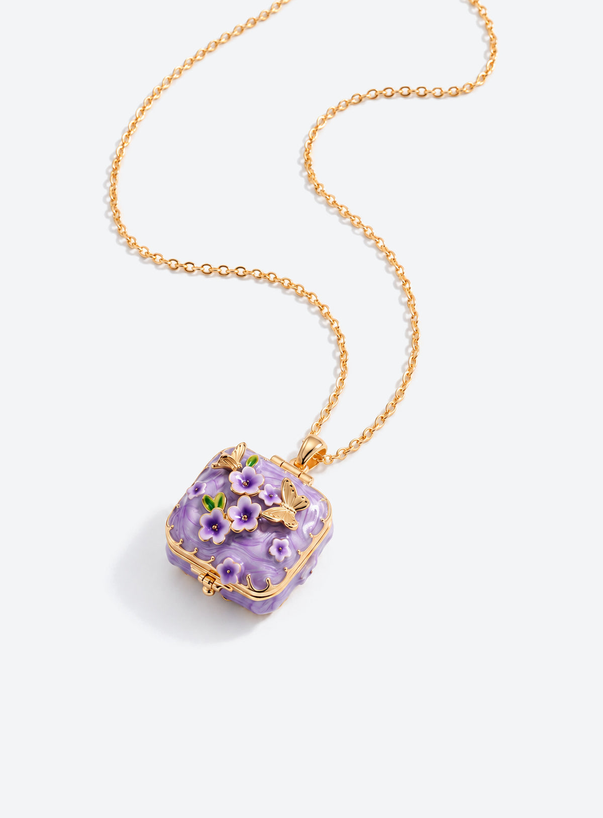 Square locket necklace with raised flowers, butterfly details, and gold-tone trim (Purple)