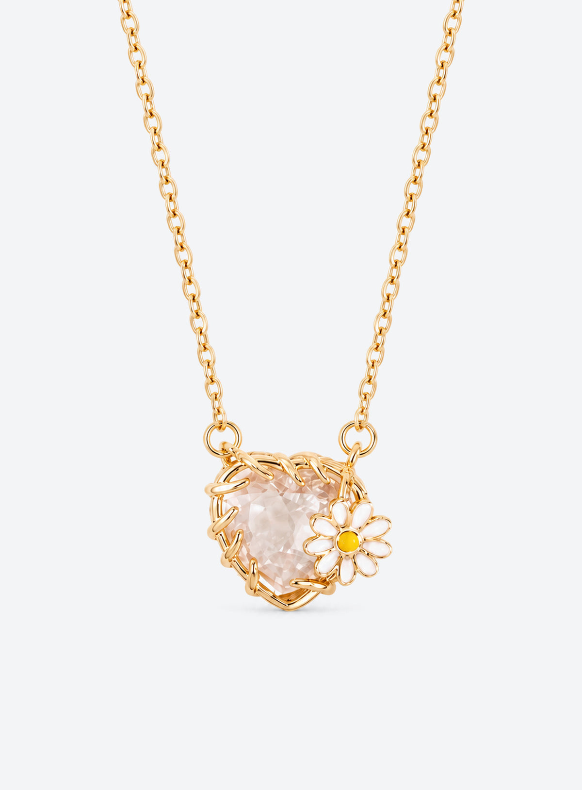 Heart-shaped crystal pendant necklace with enameled floral details and a gold-tone vine frame (April)