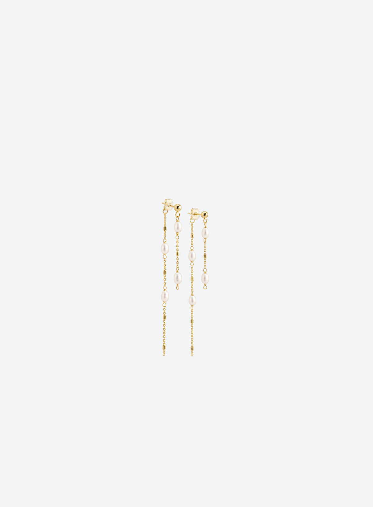 Ivory freshwater pearl chain drop earrings with round ball studs and staggered pearl strands