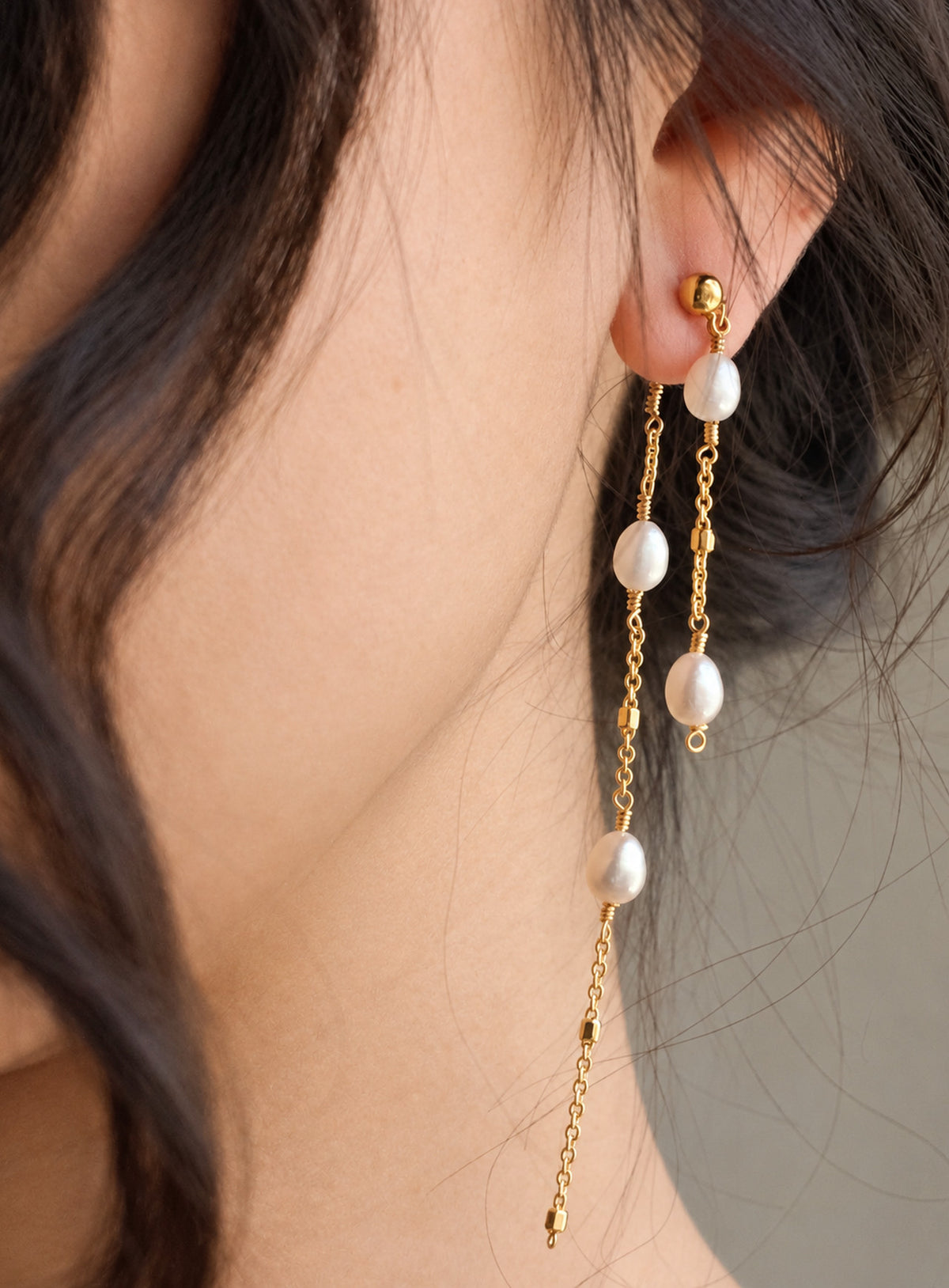 Ivory freshwater pearl chain drop earrings with round ball studs and staggered pearl strands