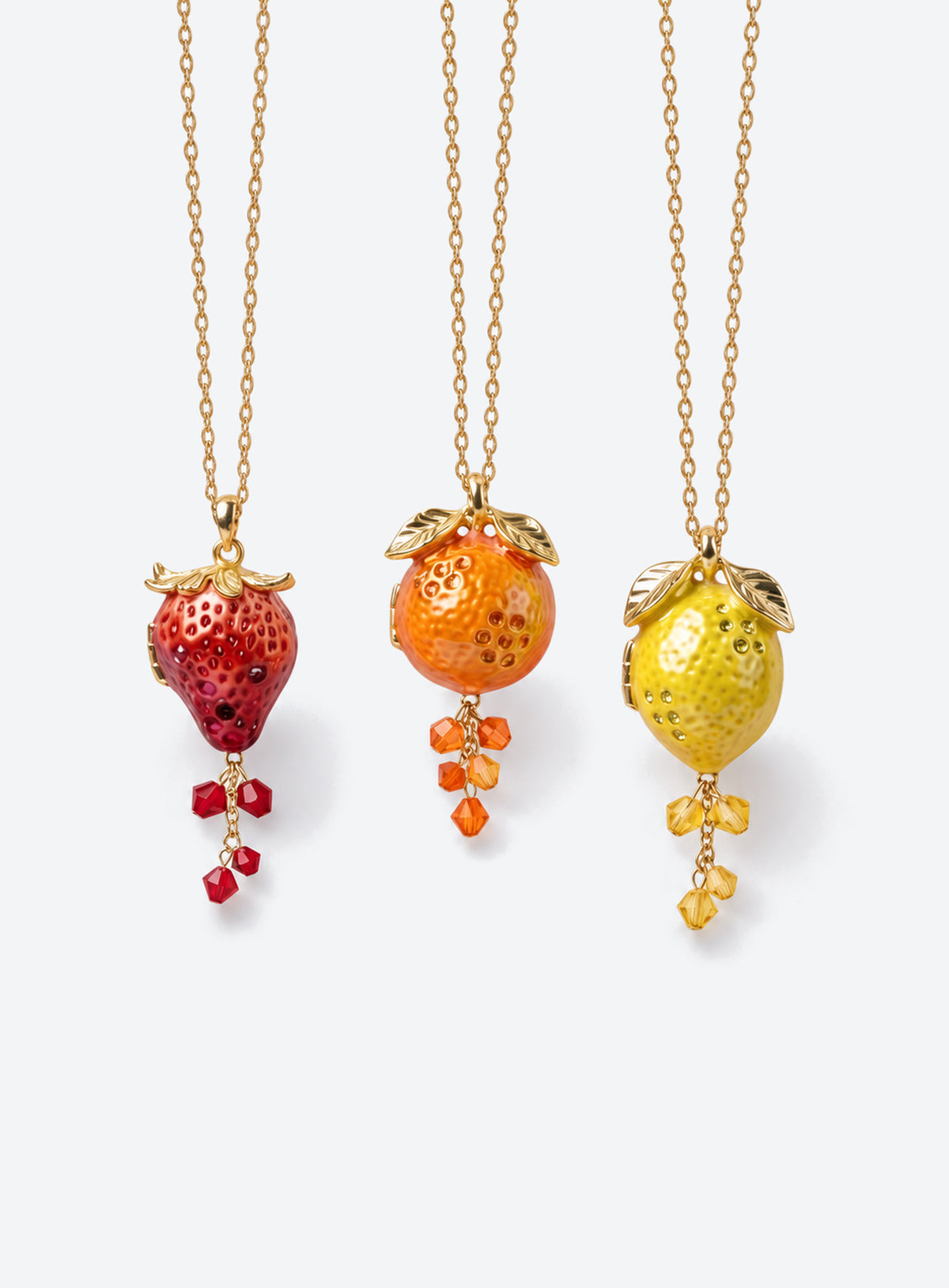 Fruit-shaped locket necklace with colorful enamel and dangling crystal beads
