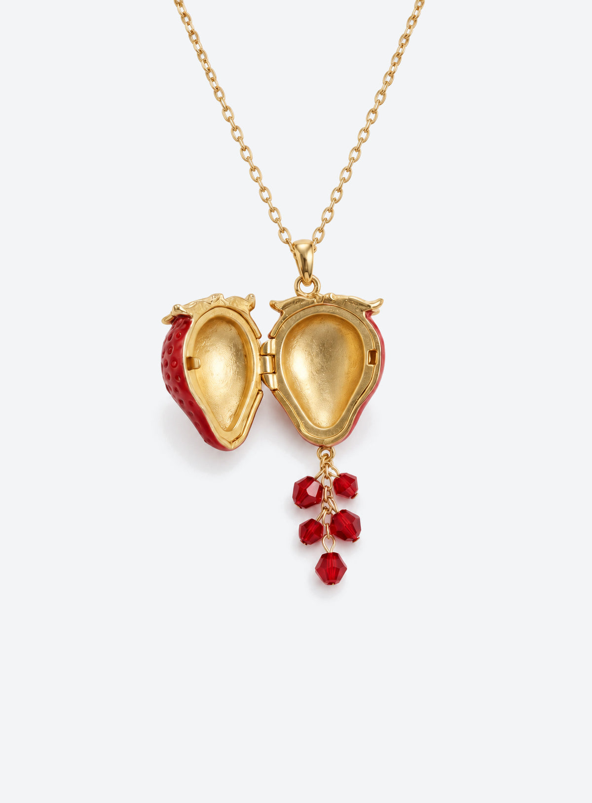 Fruit-shaped locket necklace with colorful enamel and dangling crystal beads (Strawberry)