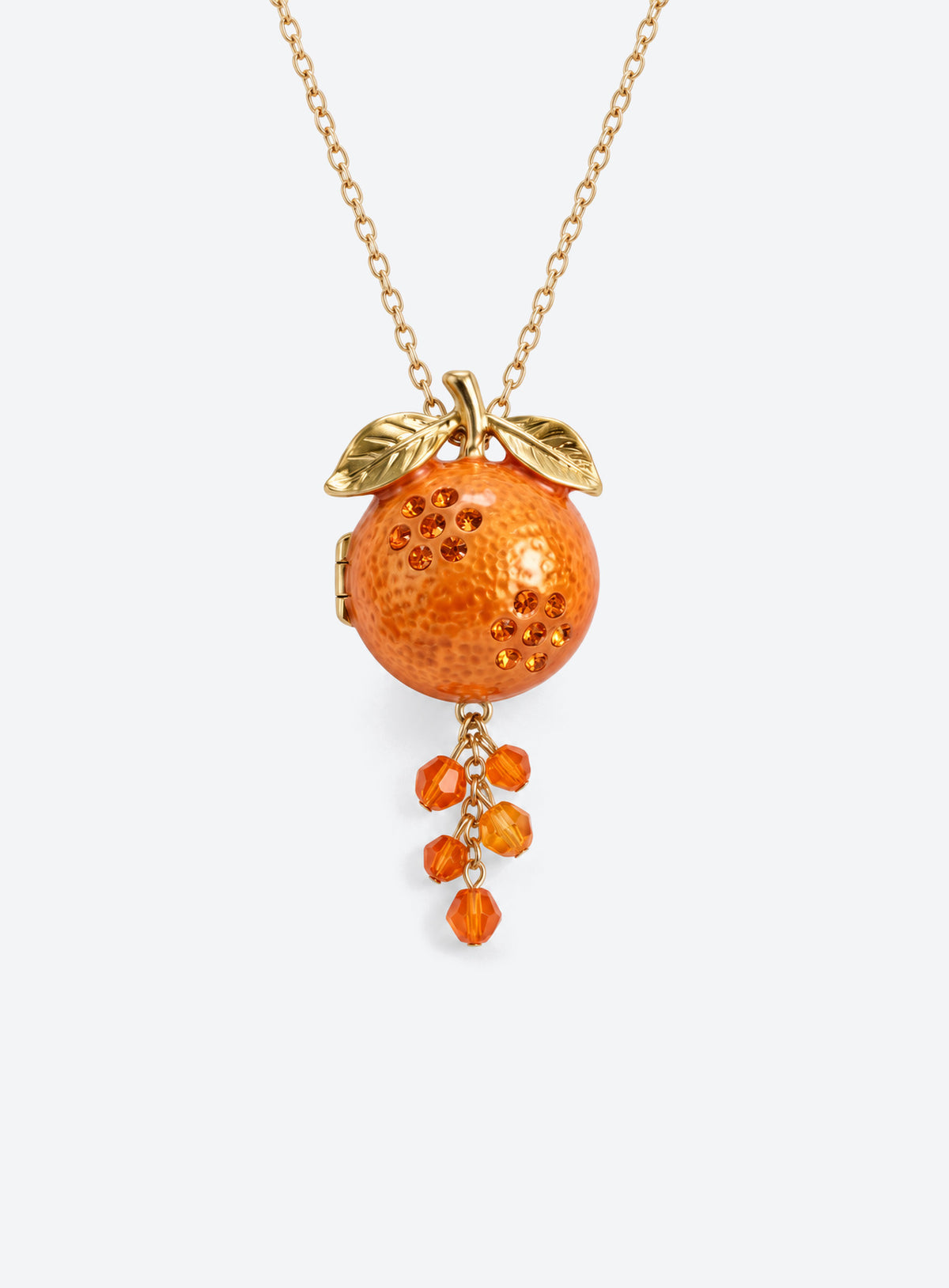 Fruit-shaped locket necklace with colorful enamel and dangling crystal beads (Orange)