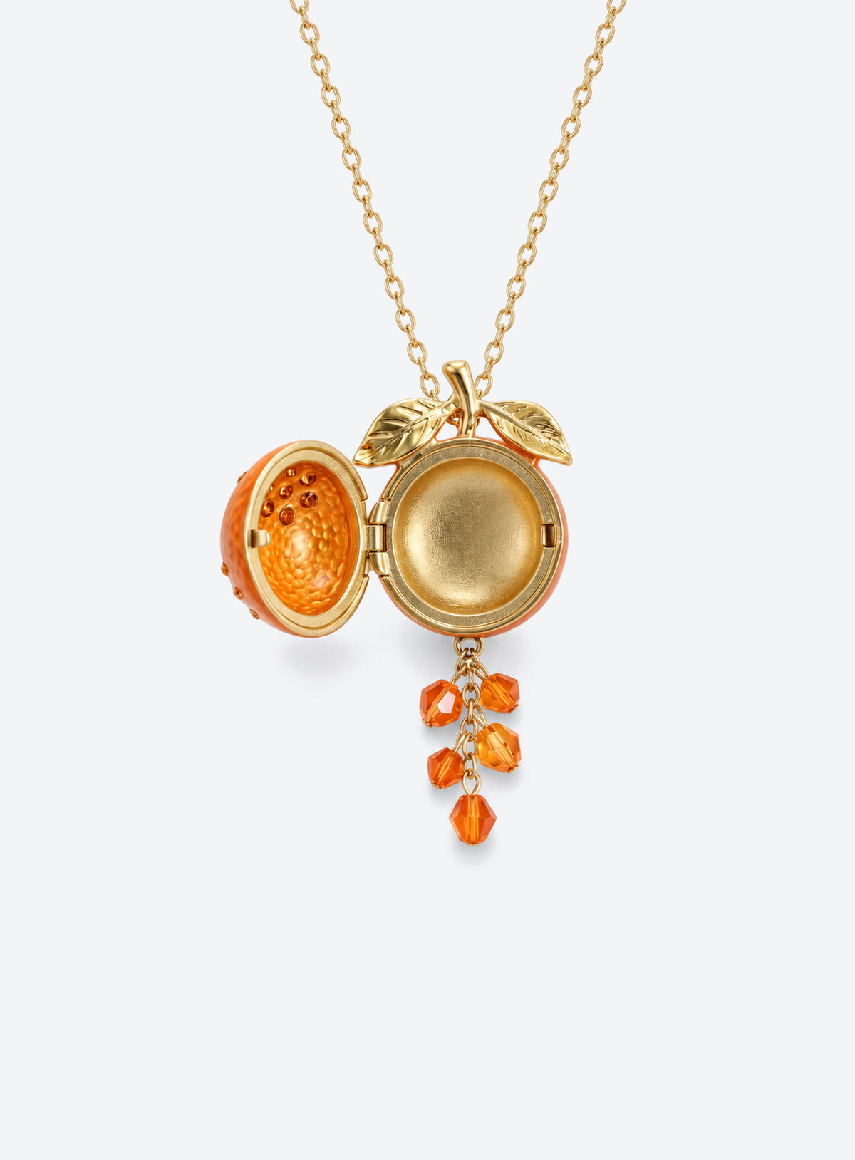 Fruit-shaped locket necklace with colorful enamel and dangling crystal beads (Orange)