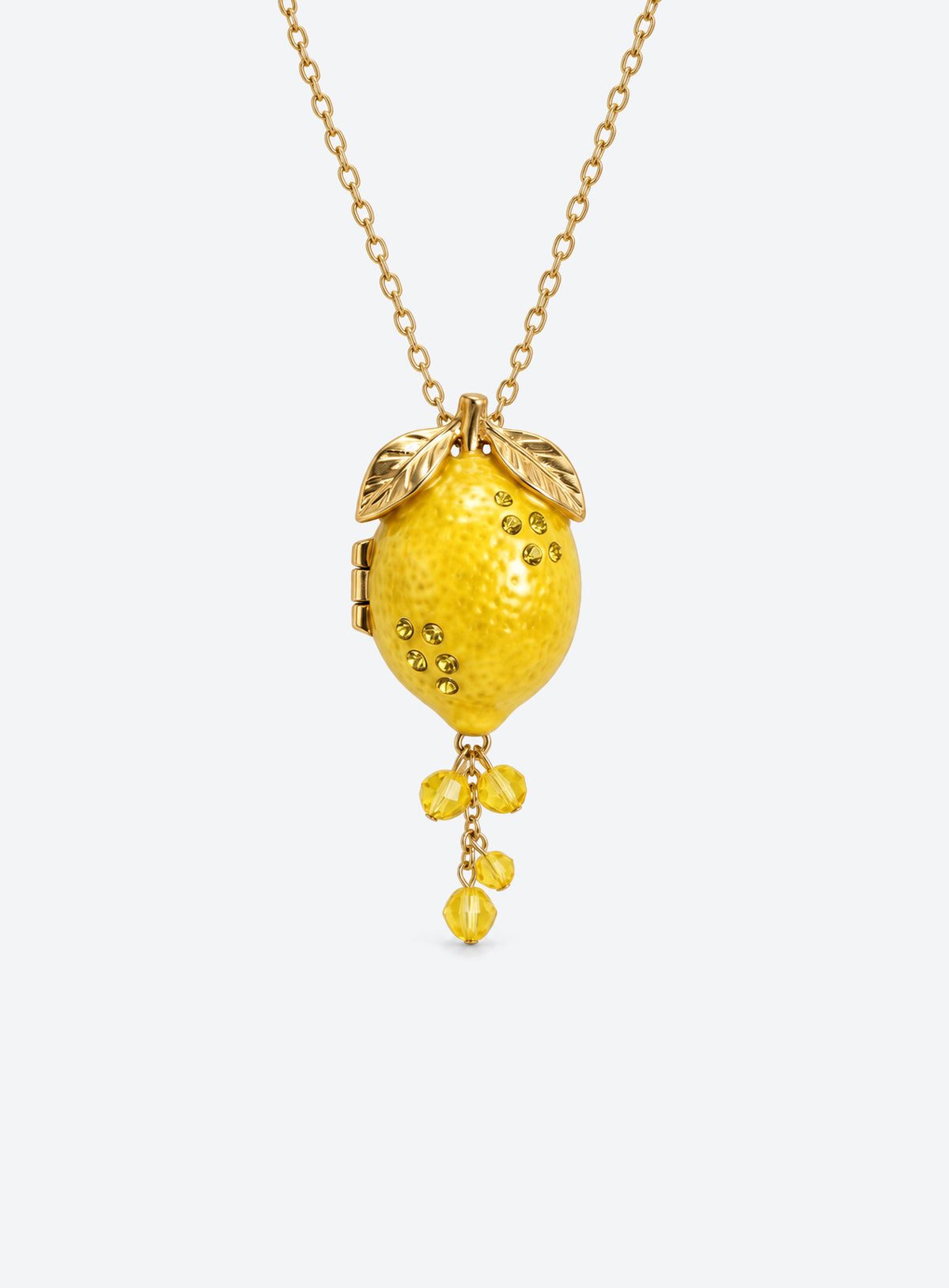 Fruit-shaped locket necklace with colorful enamel and dangling crystal beads (Lemon)