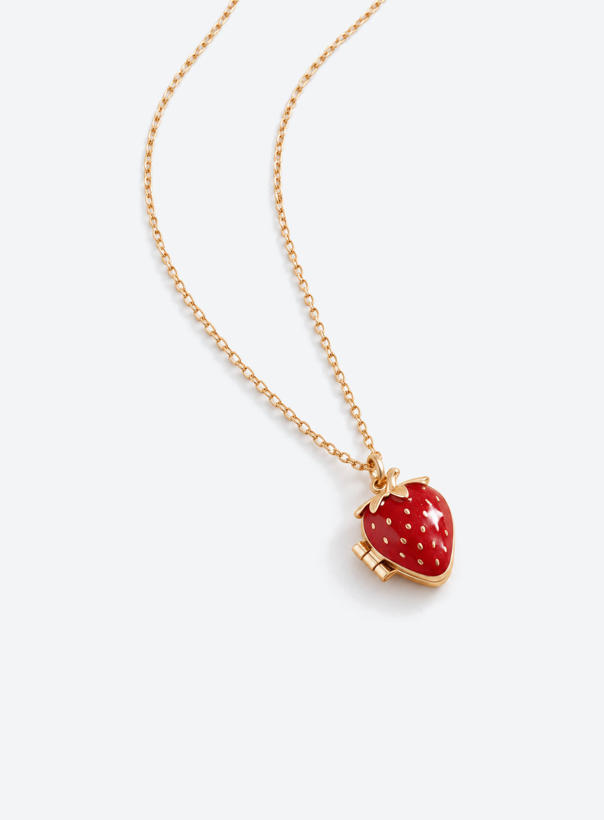 Fruit locket necklace in pear, red strawberry with raised seeds, or red apple with a green leaf styles (Strawberry)