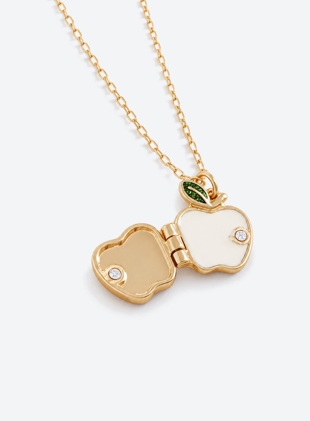 Fruit locket necklace in pear, red strawberry with raised seeds, or red apple with a green leaf styles (Apple)