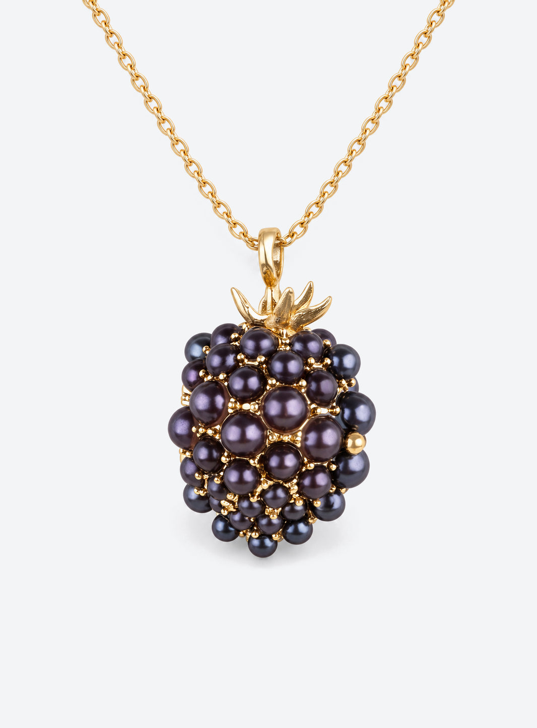 Fruit-shaped locket necklace with glossy enamel, gold-tone details, and a tiny mouse inside (Blackberry)