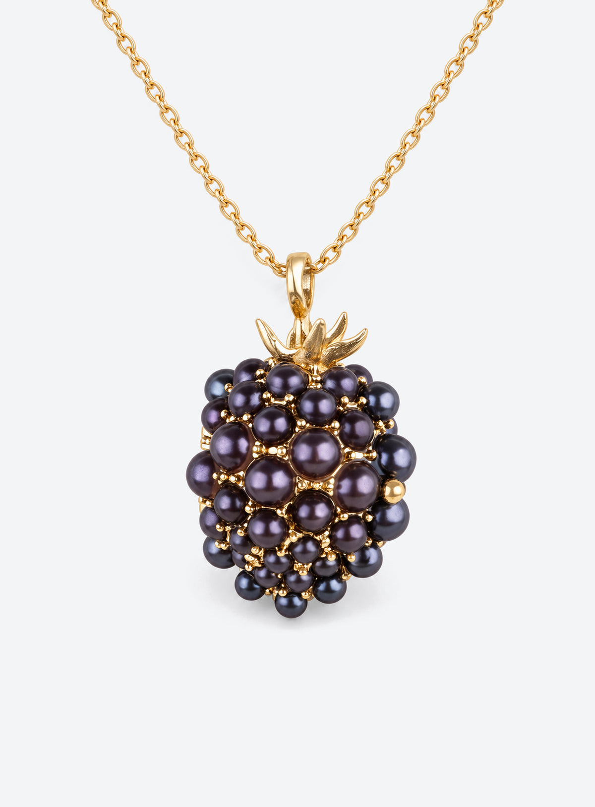 Fruit-shaped locket necklace with glossy enamel, gold-tone details, and a tiny mouse inside (Blackberry)