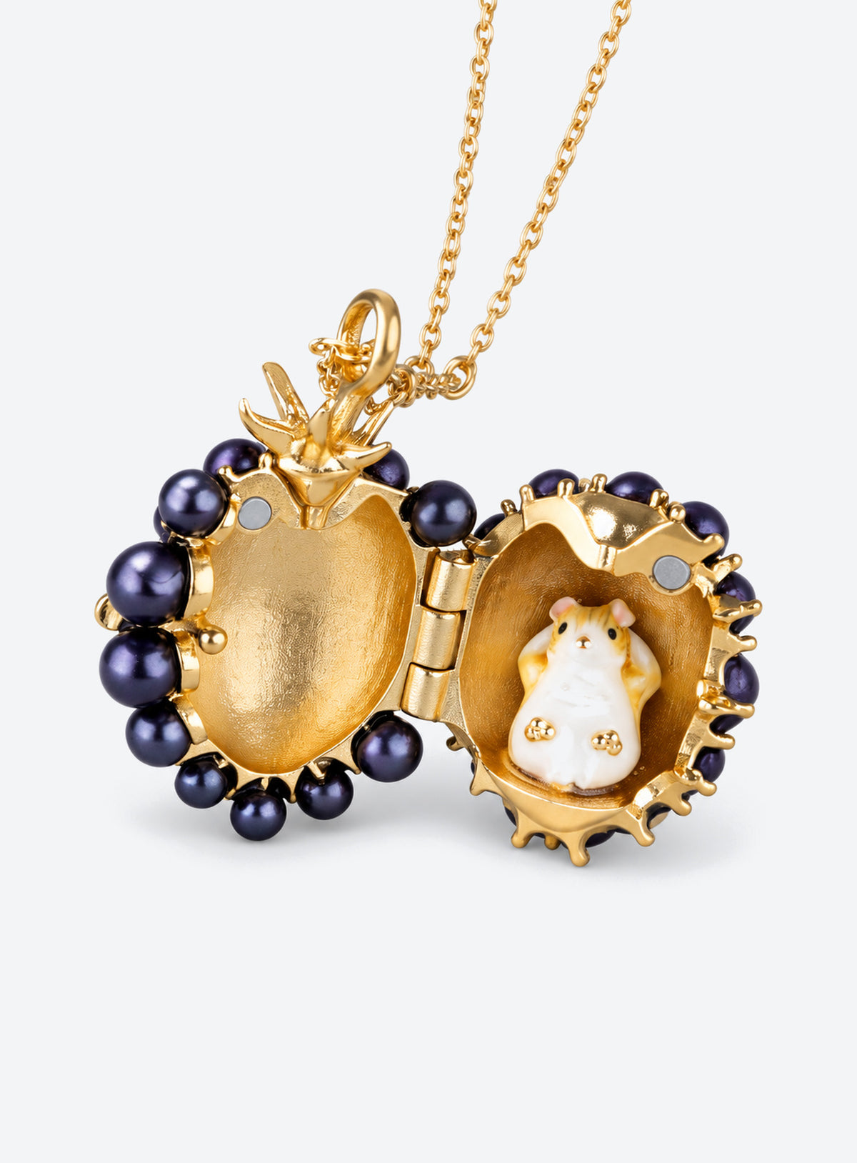 Fruit-shaped locket necklace with glossy enamel, gold-tone details, and a tiny mouse inside (Blackberry)