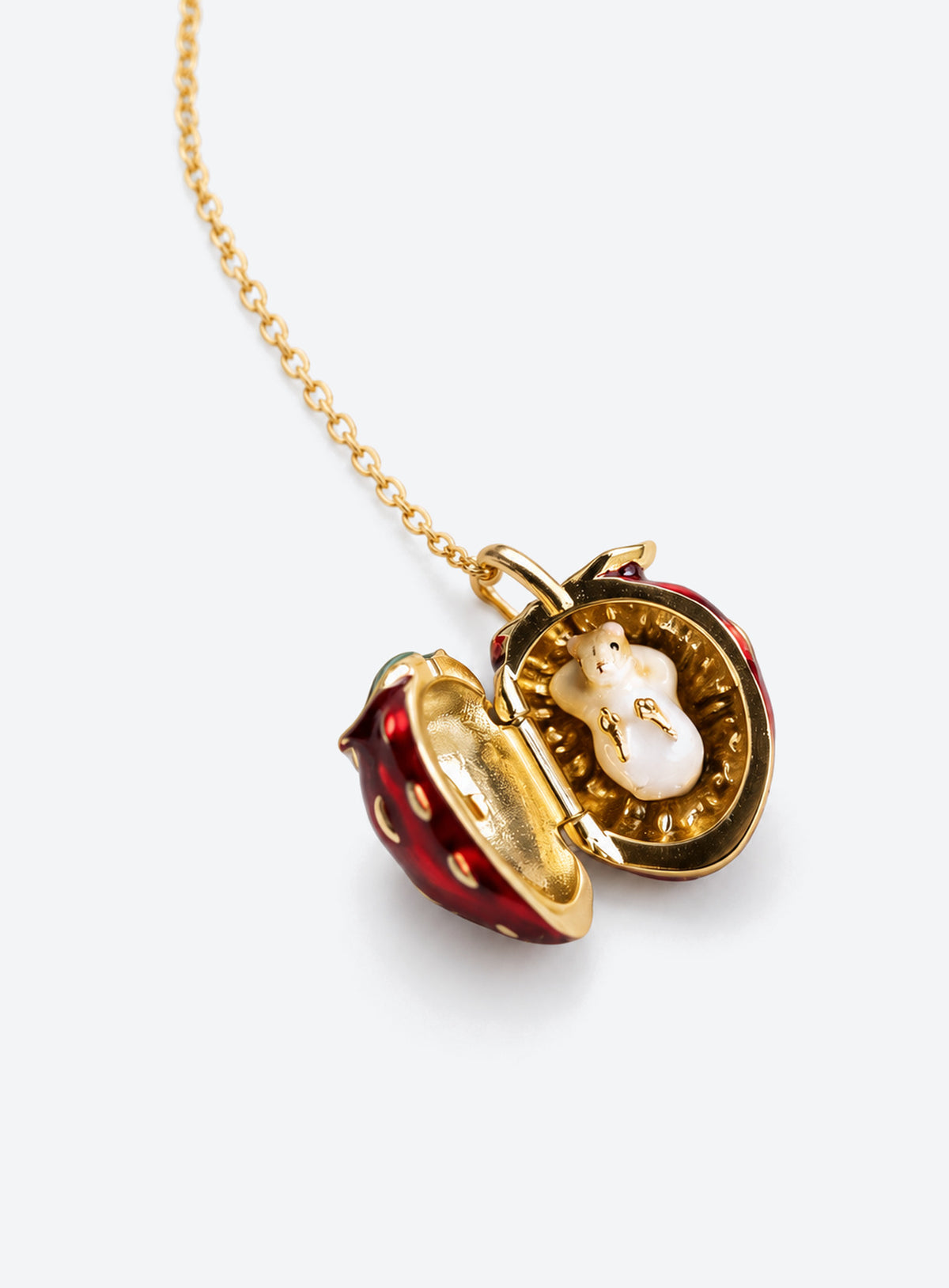 Fruit-shaped locket necklace with glossy enamel, gold-tone details, and a tiny mouse inside (Strawberry)