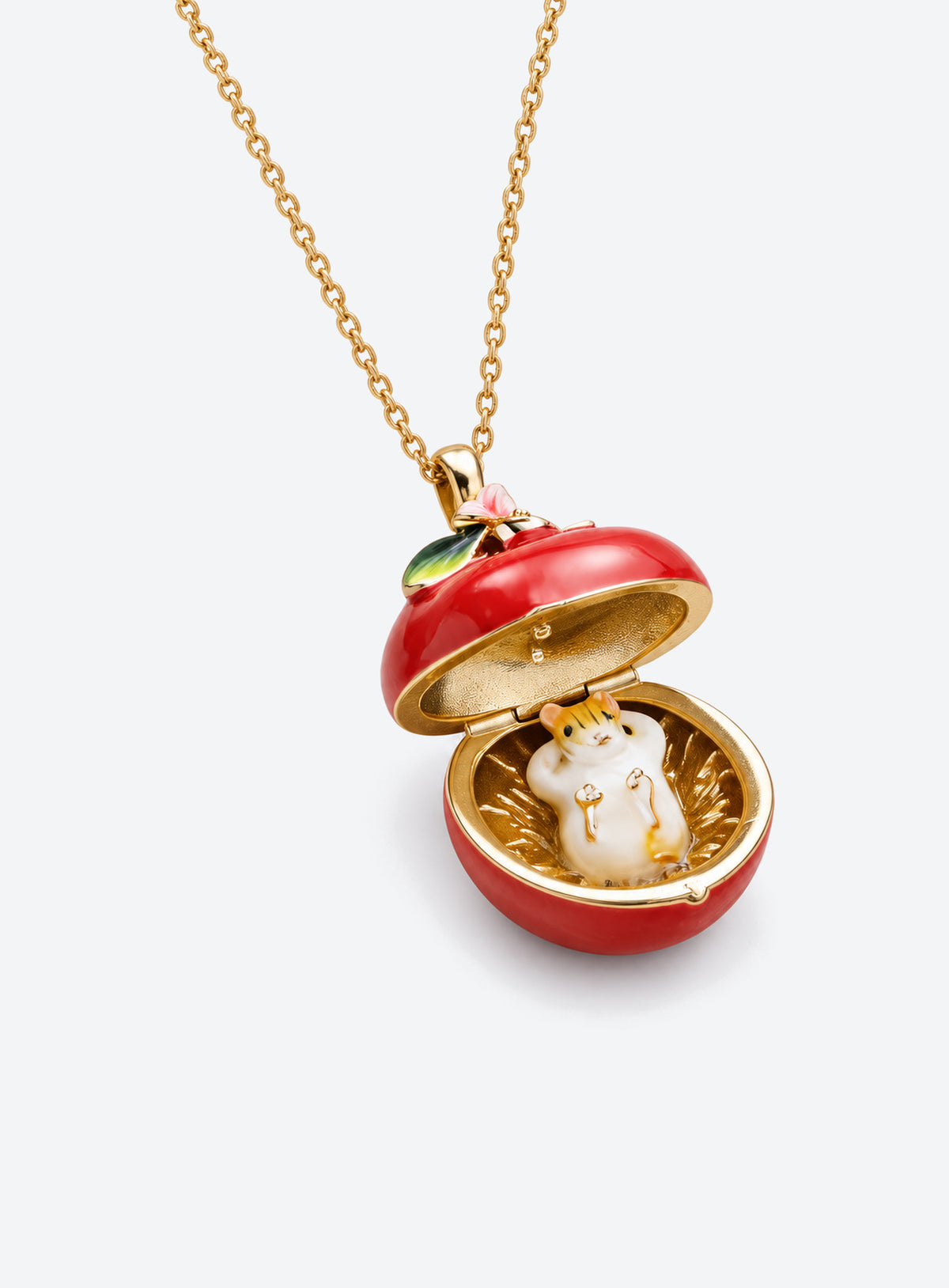 Fruit-shaped locket necklace with glossy enamel, gold-tone details, and a tiny mouse inside (Apple)