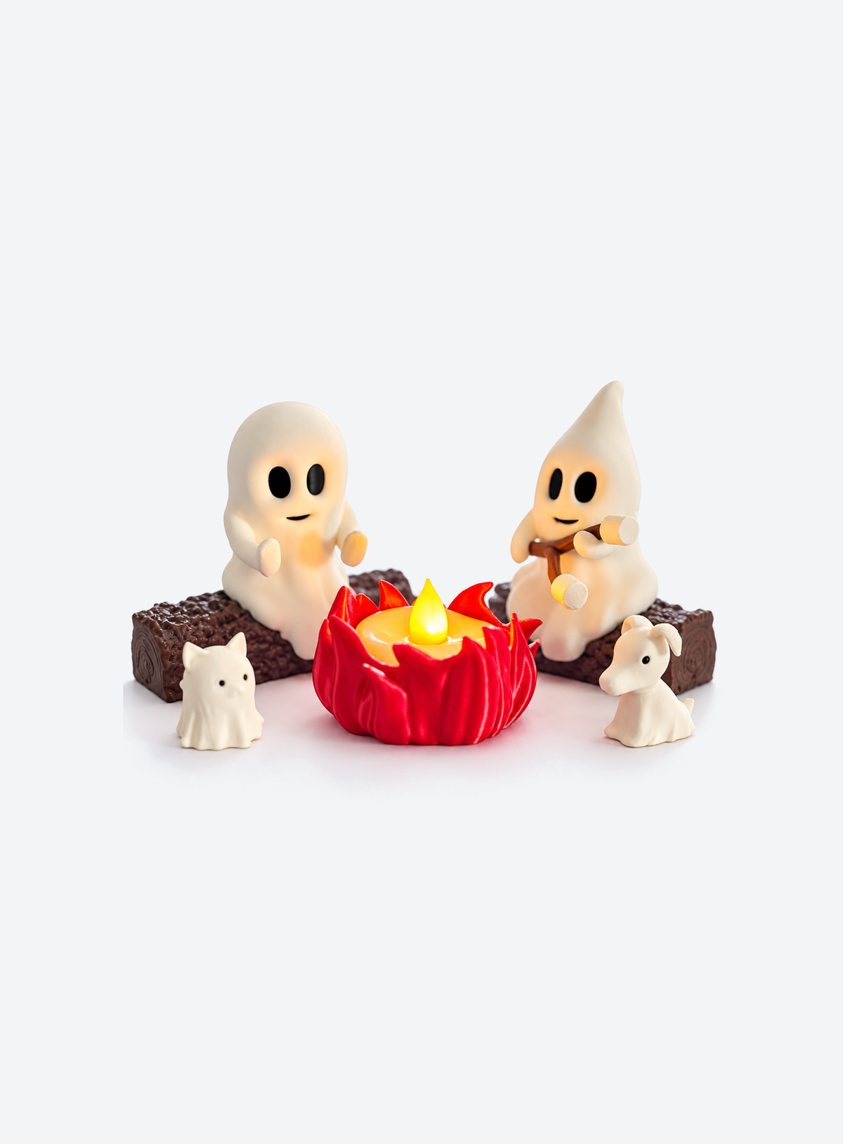 Two ghosts seated by LED campfire with ghost dog and cat companions