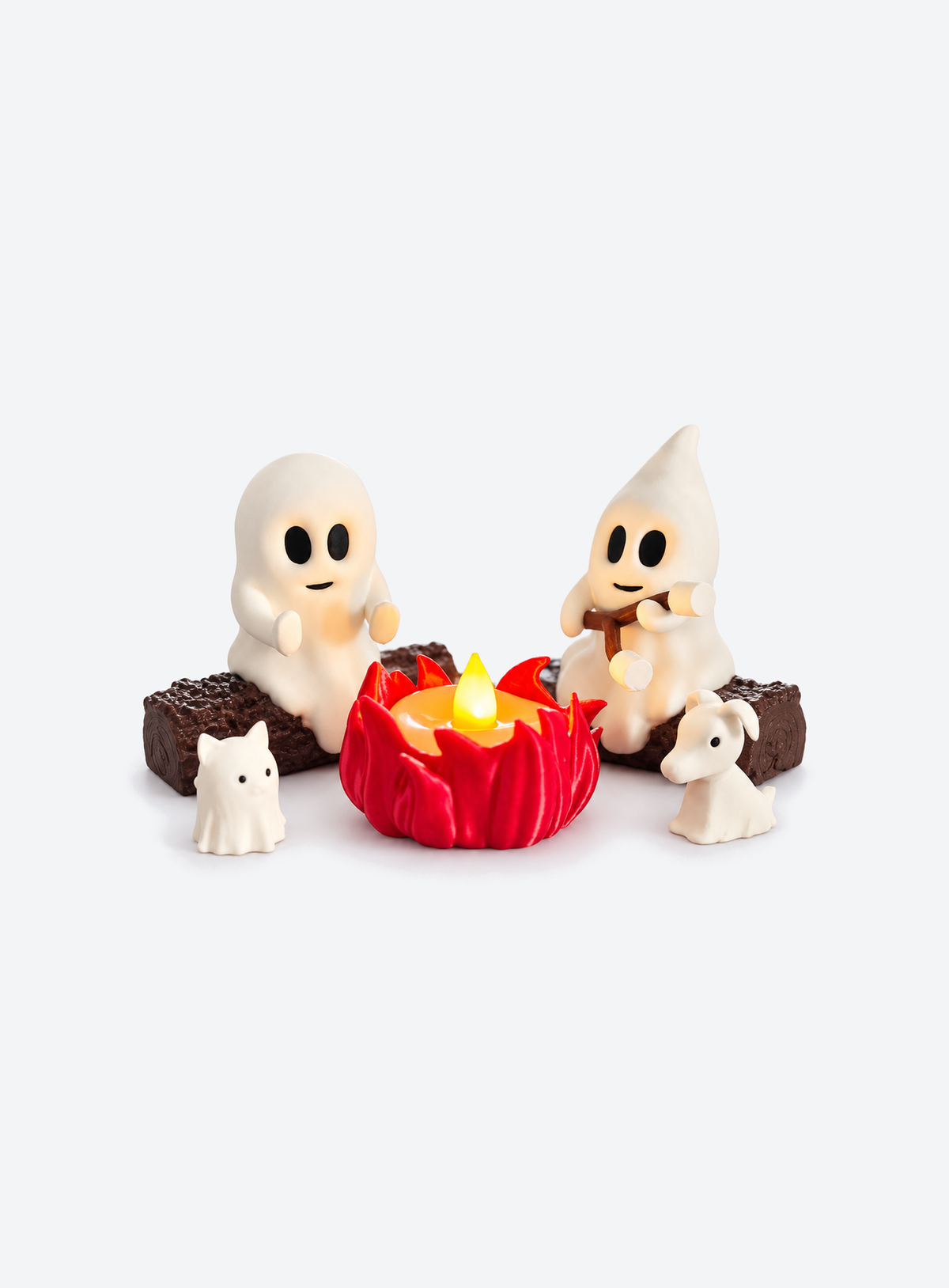 Two ghosts seated by LED campfire with ghost dog and cat companions