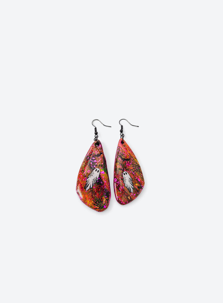 Teardrop earrings with multicolored glitter, white ghosts, black bats, spiderweb details and dark hooks
