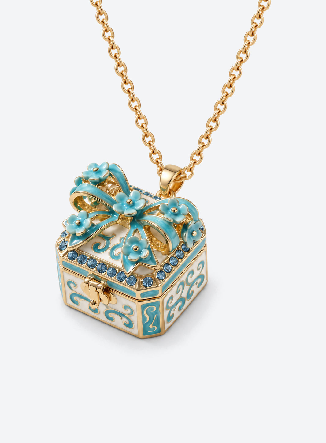 Gift-box locket necklace with decorative details on the pendant (Blue)