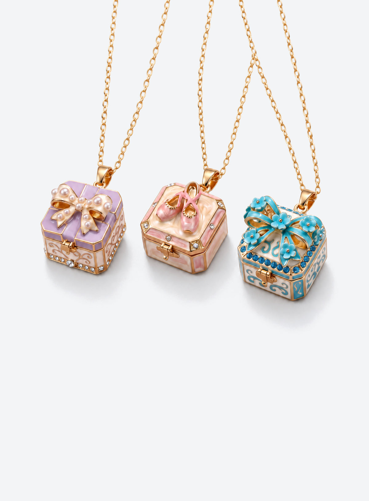 Gift-box locket necklace with decorative details on the pendant