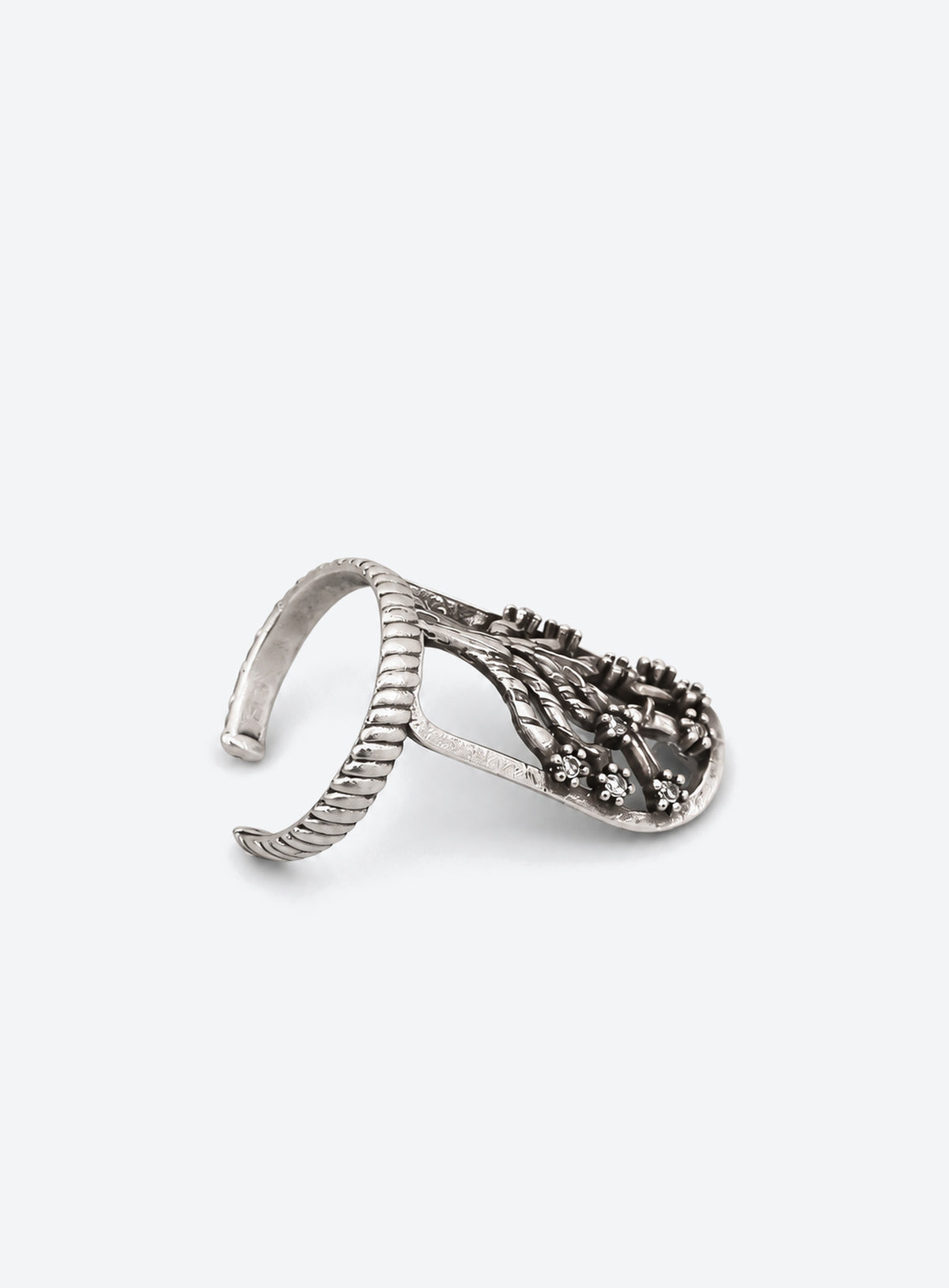 Silver-tone gothic nail ring with an adjustable band and decorative front (Tree)