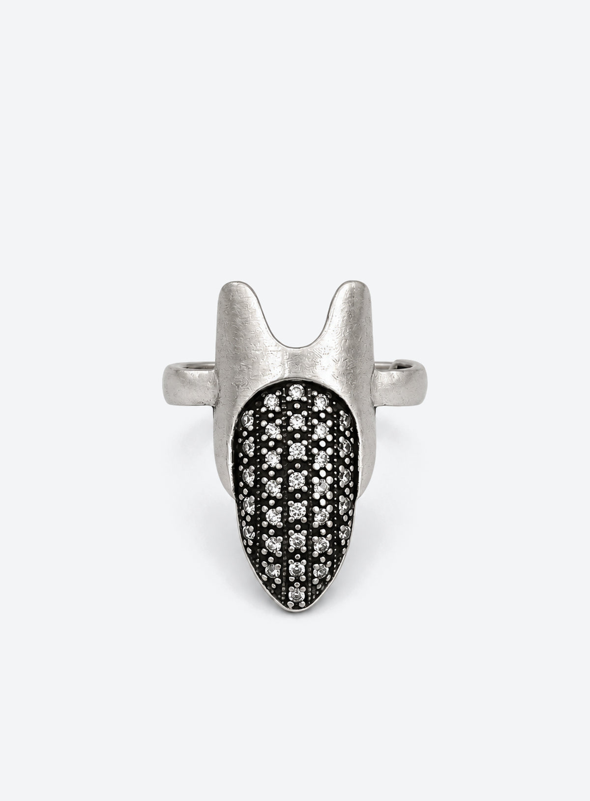 Silver-tone gothic nail ring with an adjustable band and decorative front (Shield)