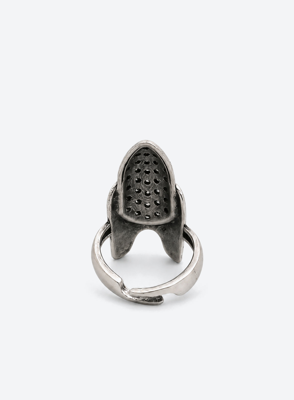 Silver-tone gothic nail ring with an adjustable band and decorative front (Shield)