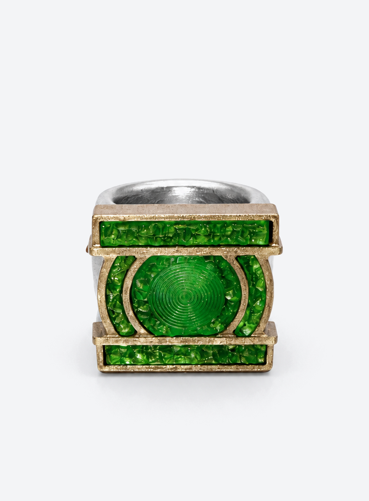 Green emblem cosplay ring with silver-colored band, gold-colored outlines and translucent green face