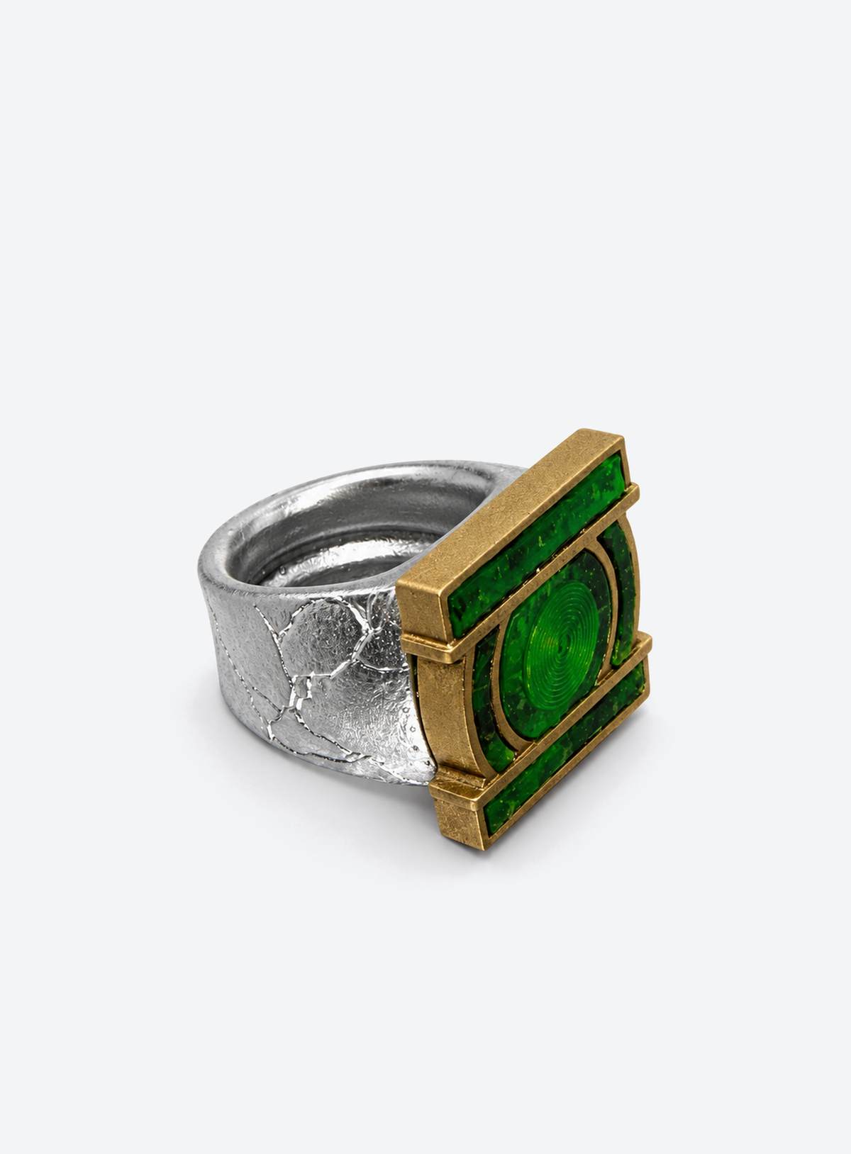 Green emblem cosplay ring with silver-colored band, gold-colored outlines and translucent green face