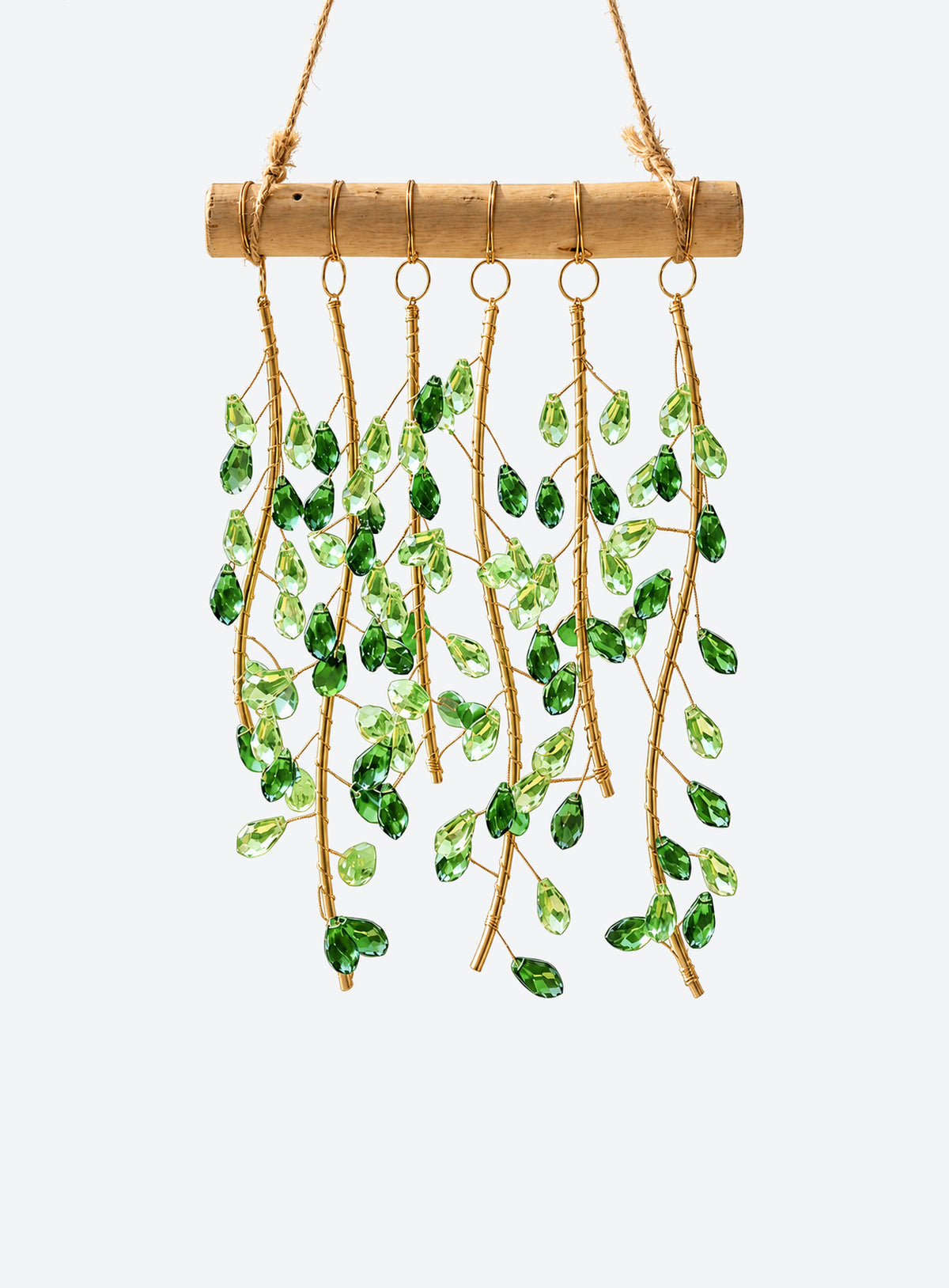 Green leaf suncatcher with six strands of faceted leaves, gold-tone wire, a horizontal bar, and rope hanger.