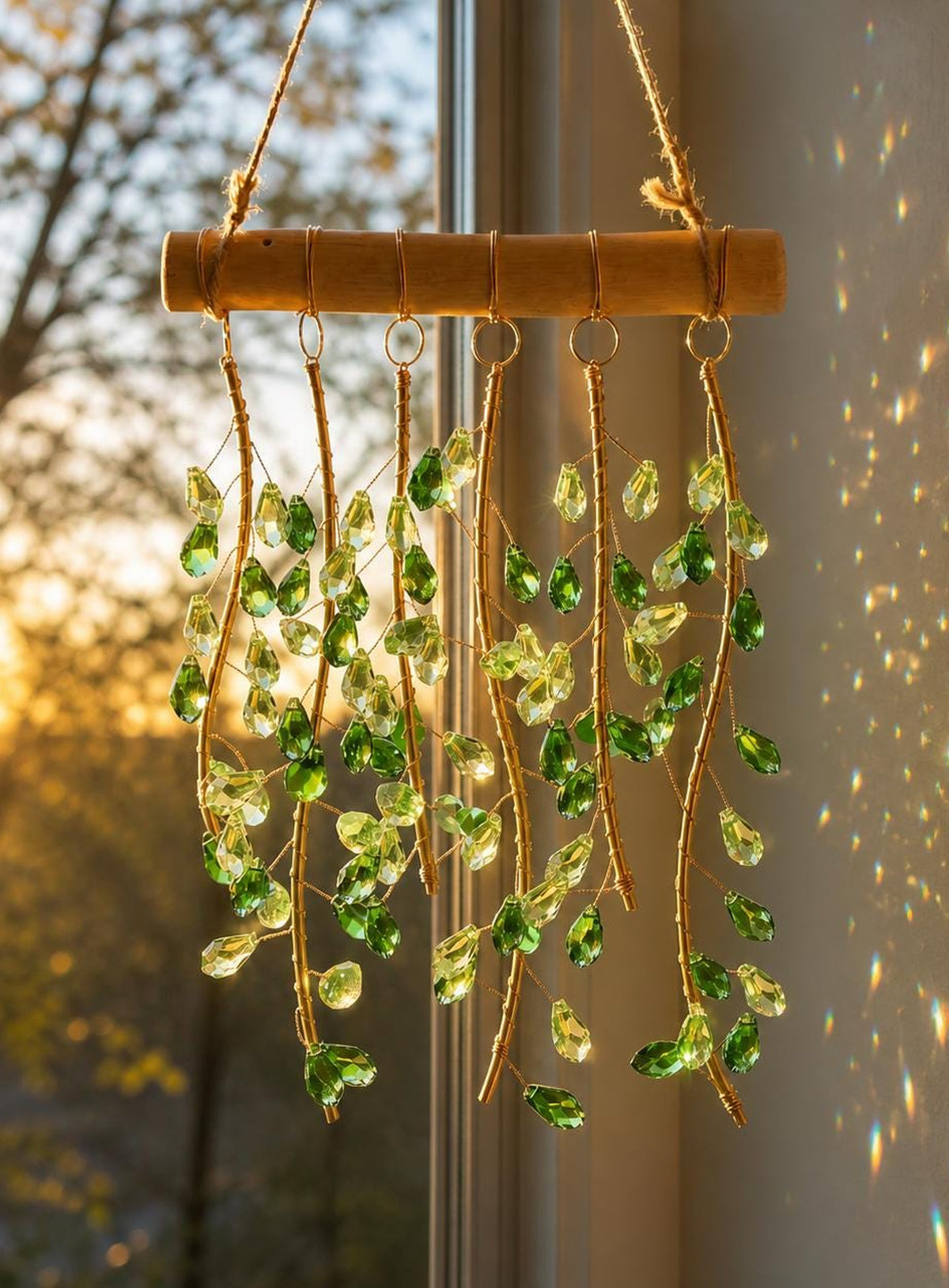 Green leaf suncatcher with six strands of faceted leaves, gold-tone wire, a horizontal bar, and rope hanger.