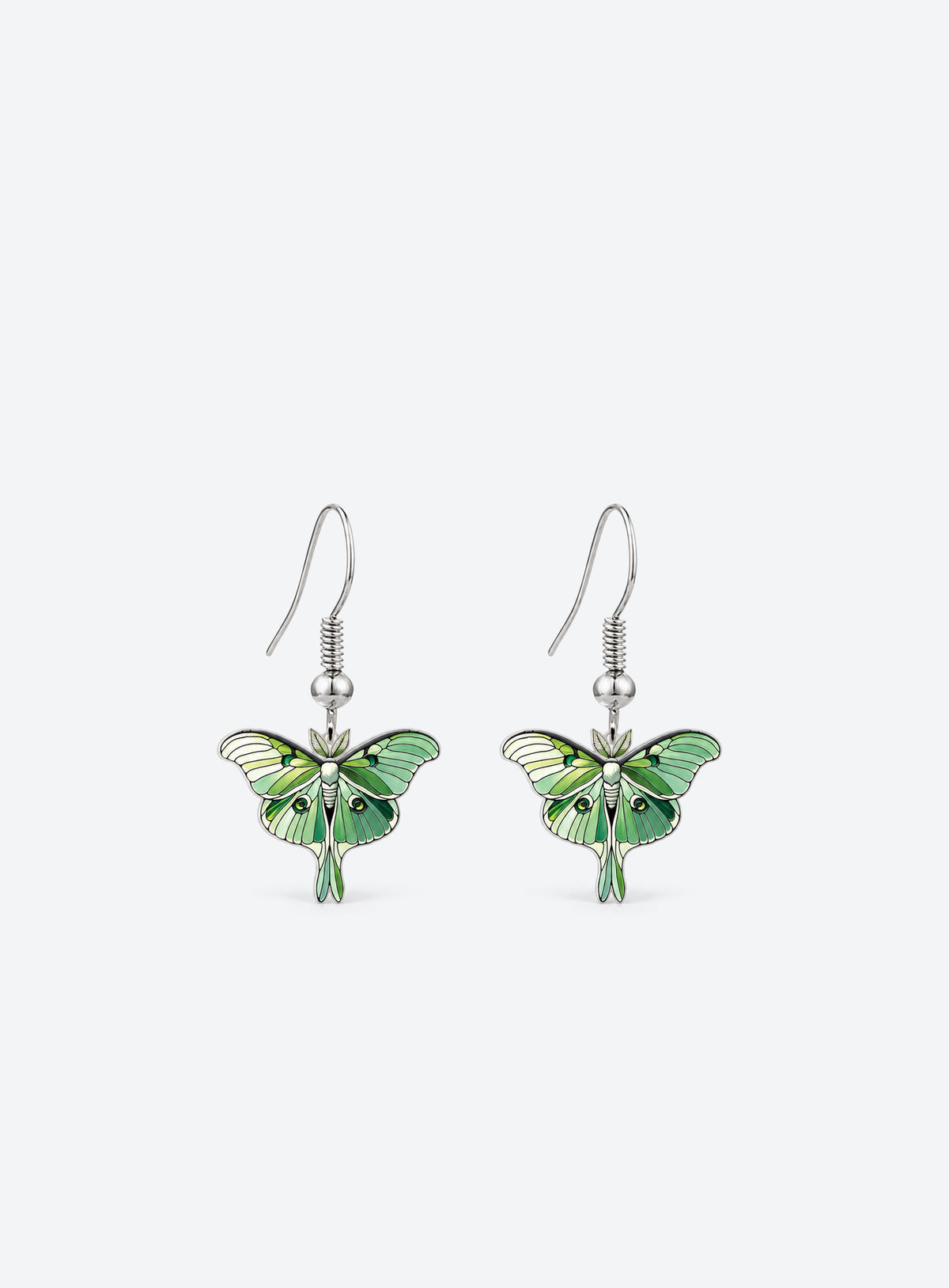 Pair of green luna moth dangle earrings with acrylic details and poplar wood bases