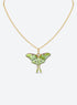 Pearlescent green luna moth pendant with painted wing details, two long tails, and clear body rhinestones