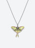 Pearlescent green luna moth pendant with painted wing details, two long tails, and clear body rhinestones