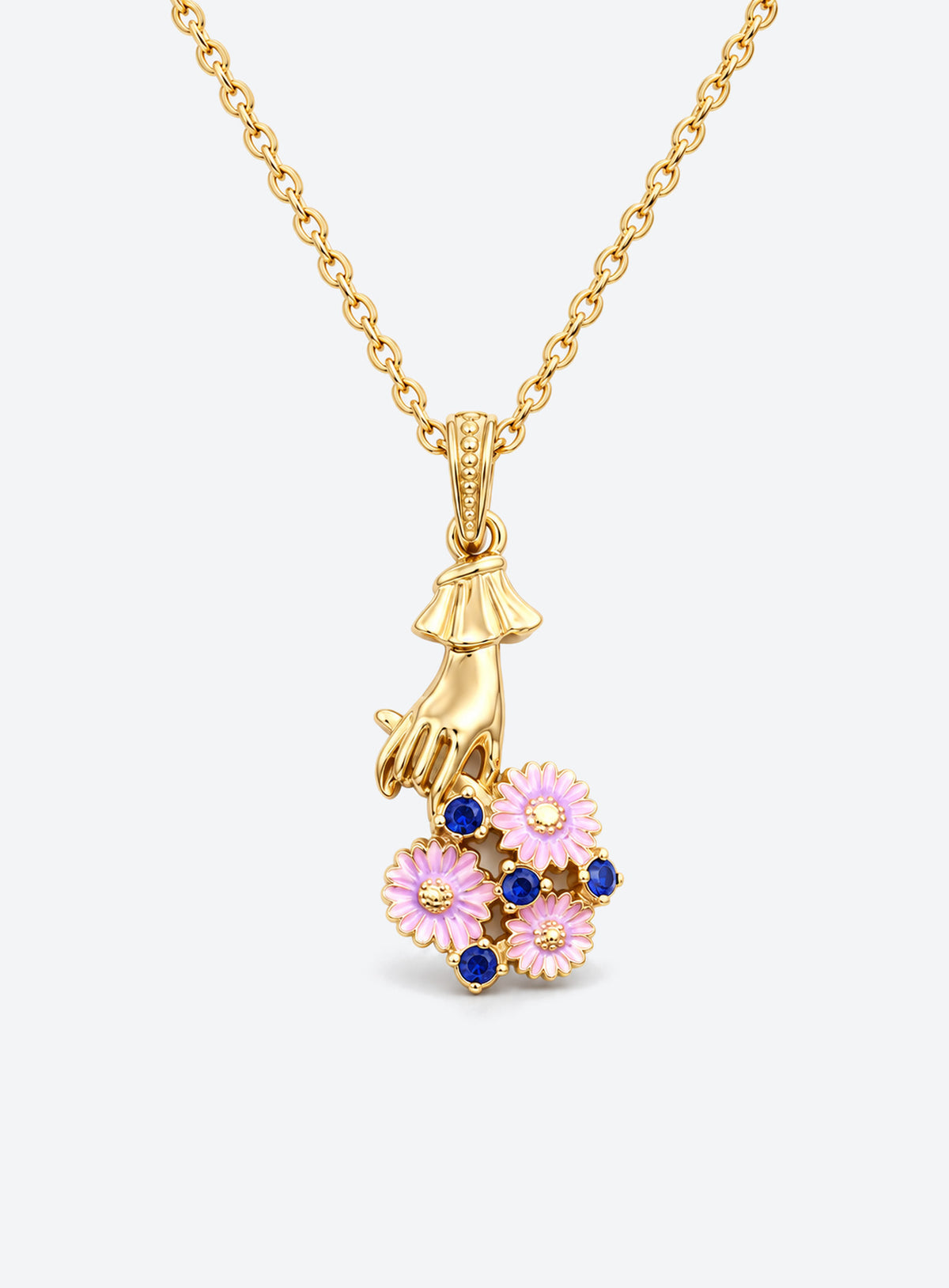 Necklace with a sculpted hand pendant holding a floral bouquet with crystal accents (September)