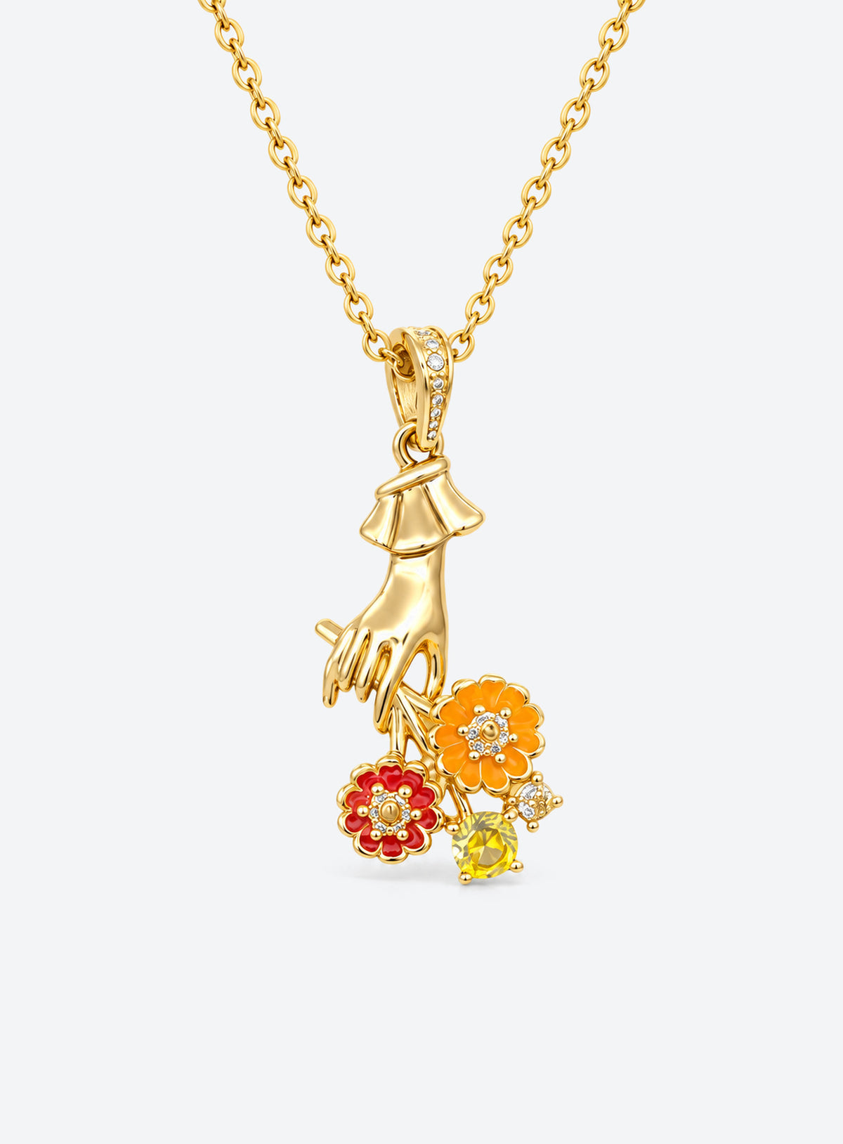 Necklace with a sculpted hand pendant holding a floral bouquet with crystal accents (November)