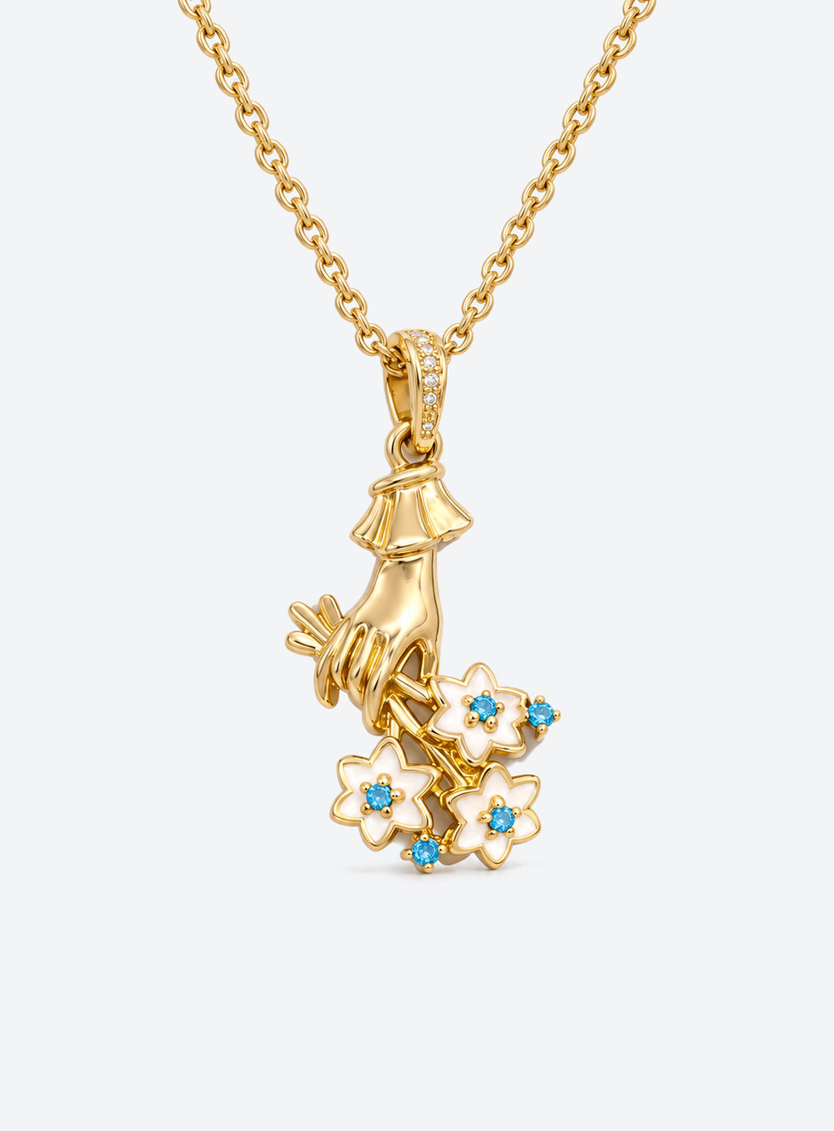 Necklace with a sculpted hand pendant holding a floral bouquet with crystal accents (December)