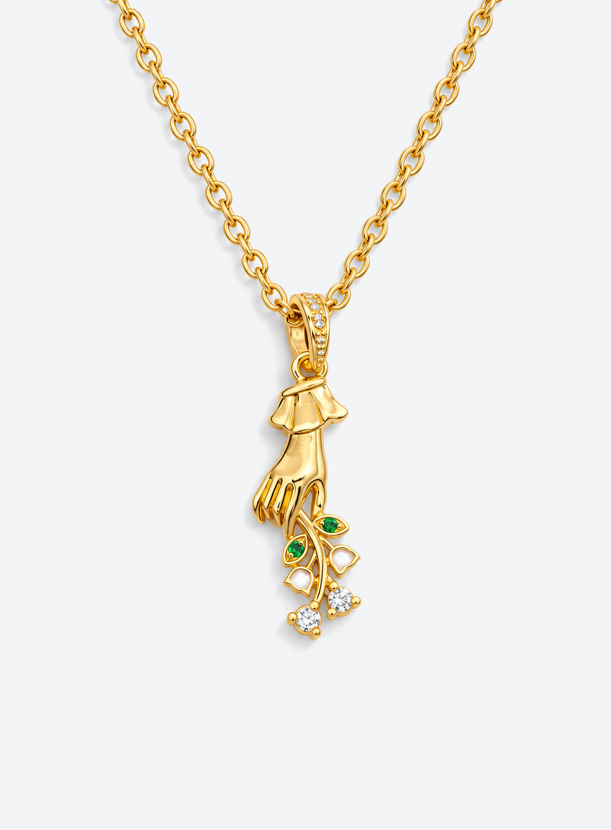 Necklace with a sculpted hand pendant holding a floral bouquet with crystal accents (May)