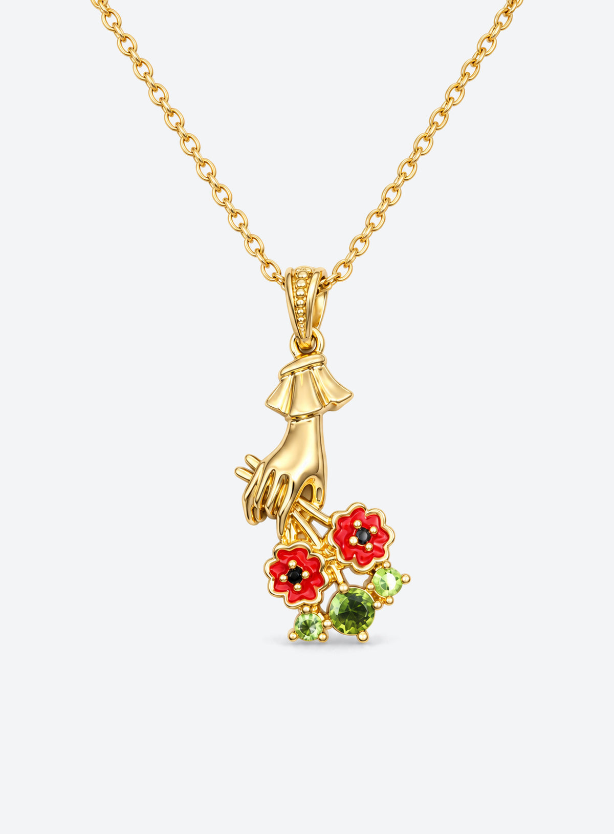Necklace with a sculpted hand pendant holding a floral bouquet with crystal accents (August)