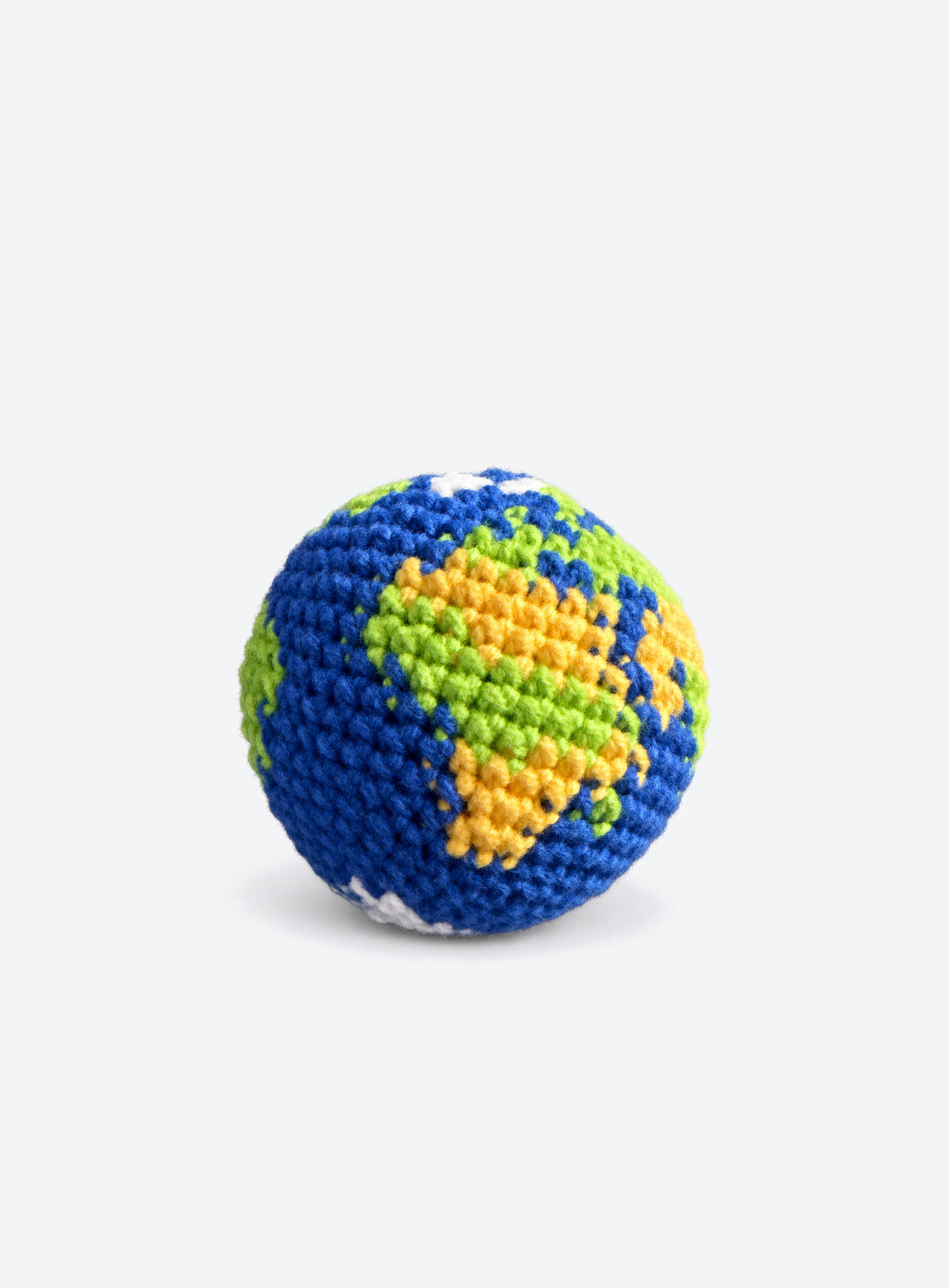 Cotton crochet footbag with visible yarn stitches and a textured, rounded shape