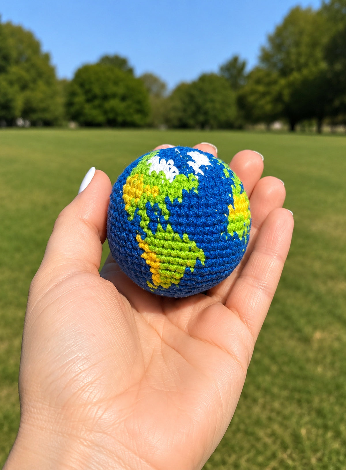 Cotton crochet footbag with visible yarn stitches and a textured, rounded shape