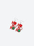 Earrings with red glitter H letters and three heart-shaped rhinestones per earring in red, clear and green