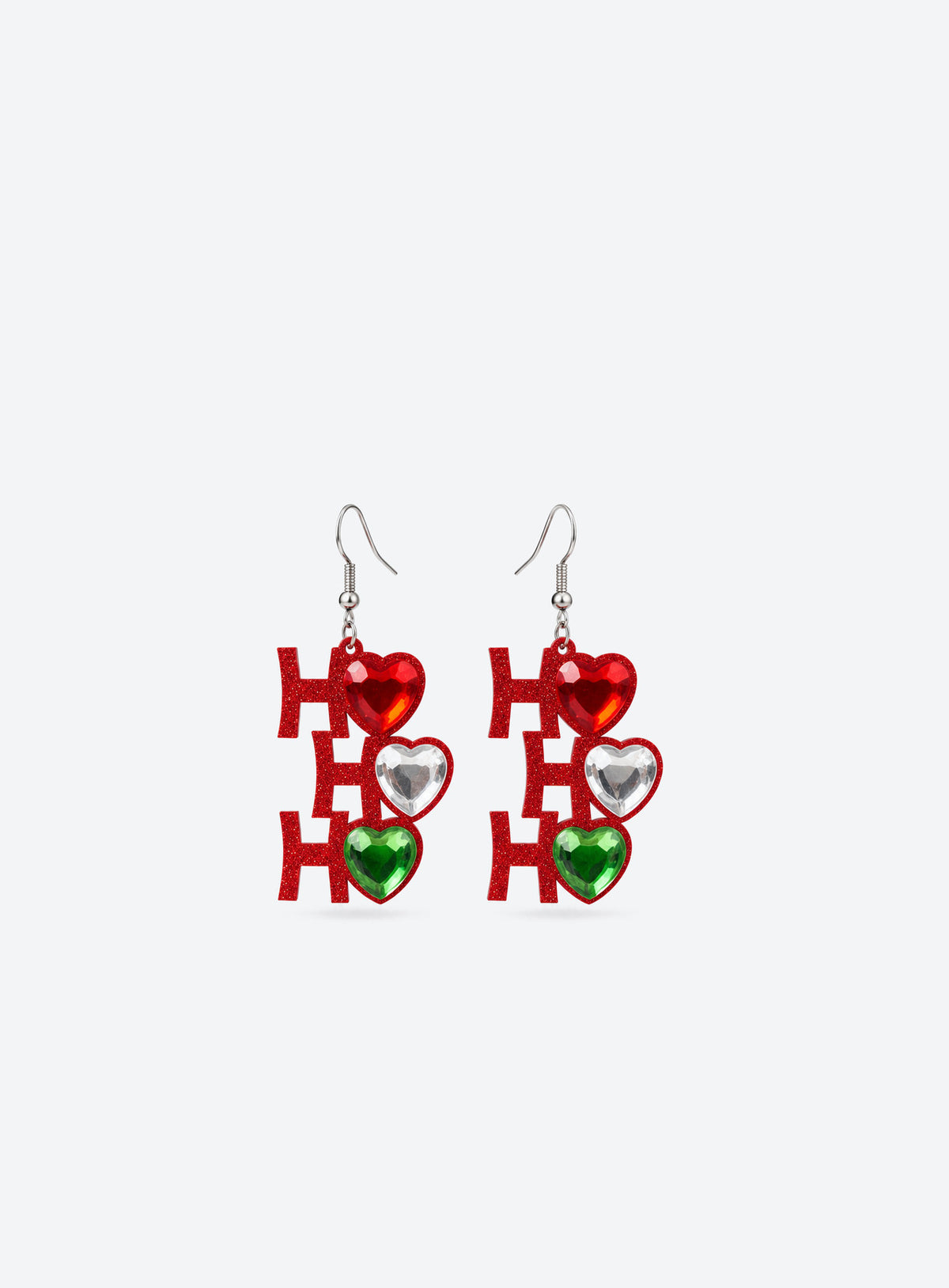 Earrings with red glitter H letters and three heart-shaped rhinestones per earring in red, clear and green