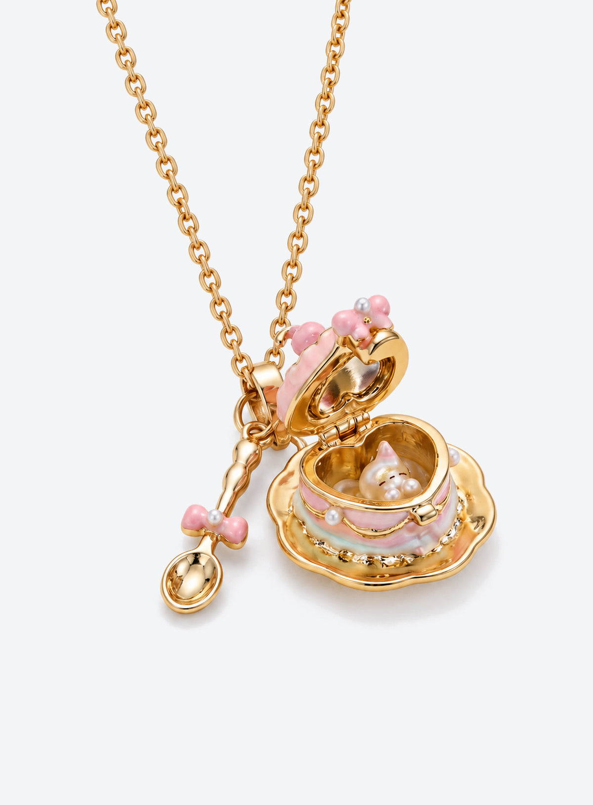 Cake-shaped enamel locket necklace with a small spoon charm (Pink)