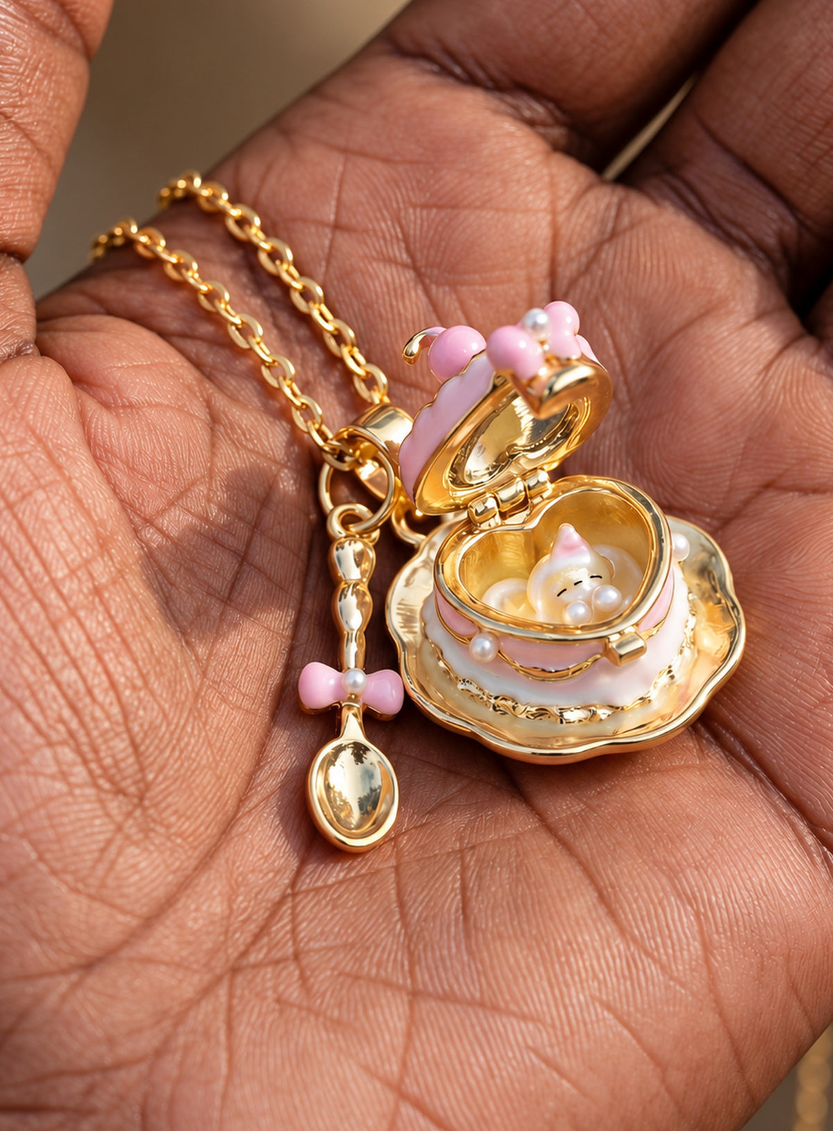 Cake-shaped enamel locket necklace with a small spoon charm (Pink)