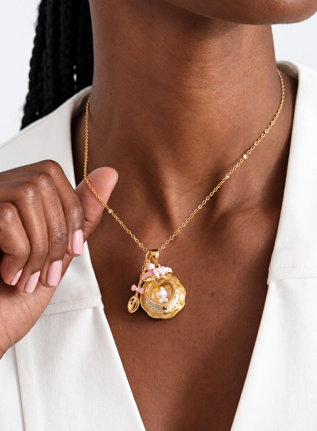 Cake-shaped enamel locket necklace with a small spoon charm (Pink)