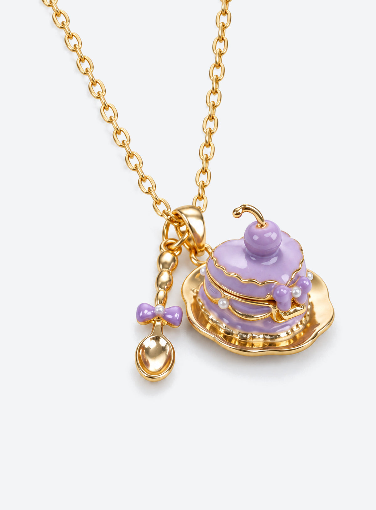 Cake-shaped enamel locket necklace with a small spoon charm (Purple)